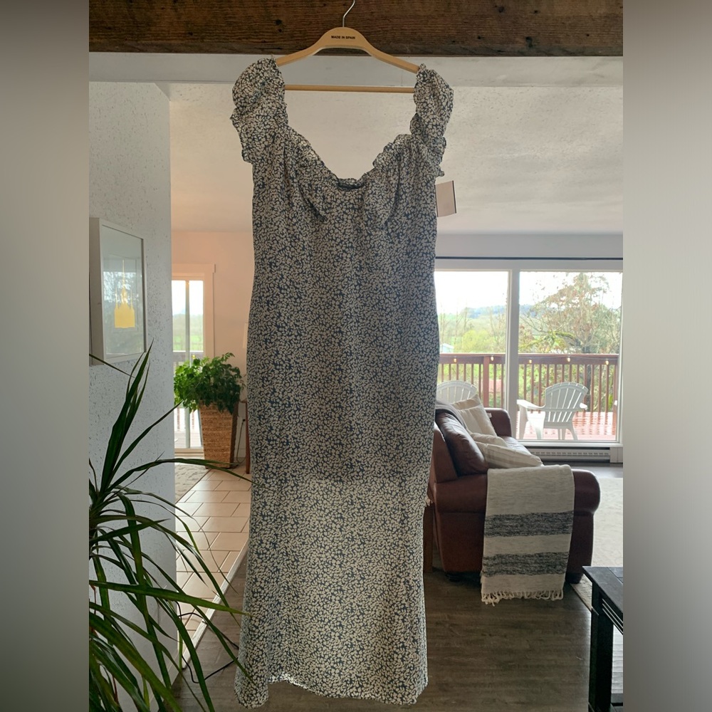 Sweet Pot Corset Blue Floral Trumpet Dress Short Puff Sleeve Princess Neck12 NWT